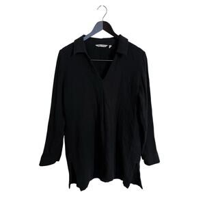 Soft Surroundings Black Cotton Gauze Collar Long Sleeve Popover Tunic Top